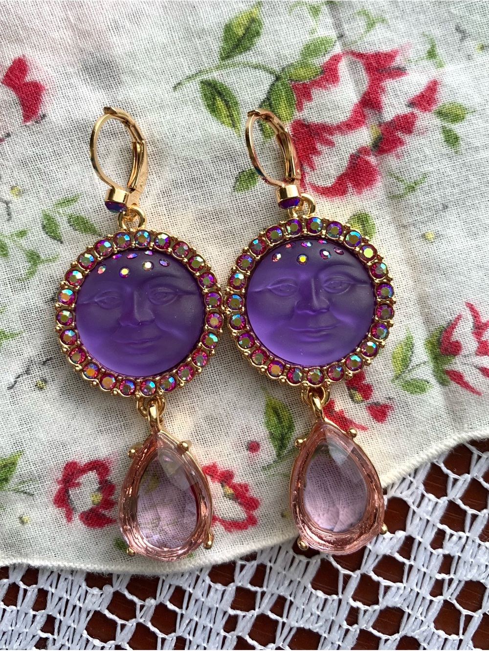 Kirk’s Folly Dangling Teardrop Purple Moon Face Vintage/Retro Style Earrings - Picture 3 of 4